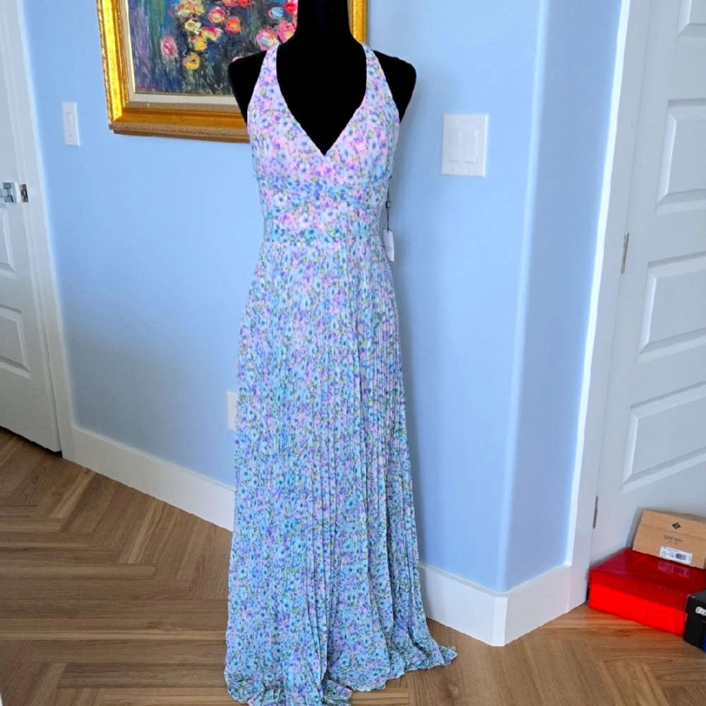 LAUNDRY By Shelli Seigel PINK/PURPLE/BLUE Floral Maxi Dress with V-Neck 8 NWT